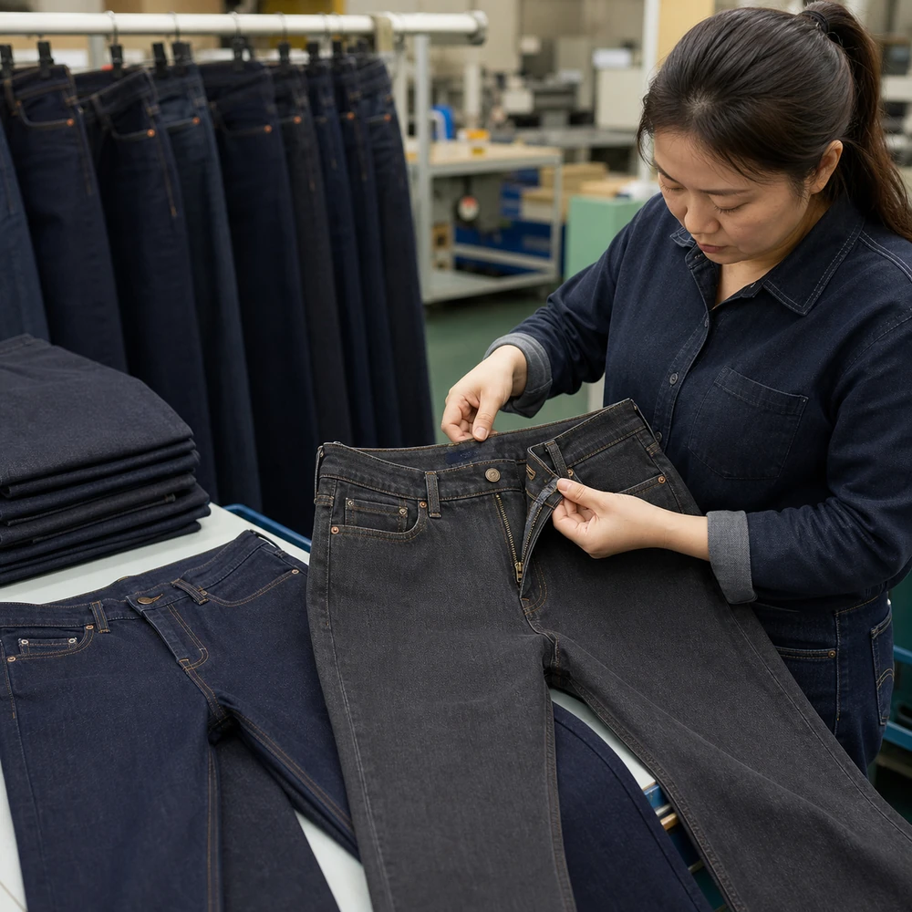 Finished denim jeans undergoing fly zipper quality inspection
