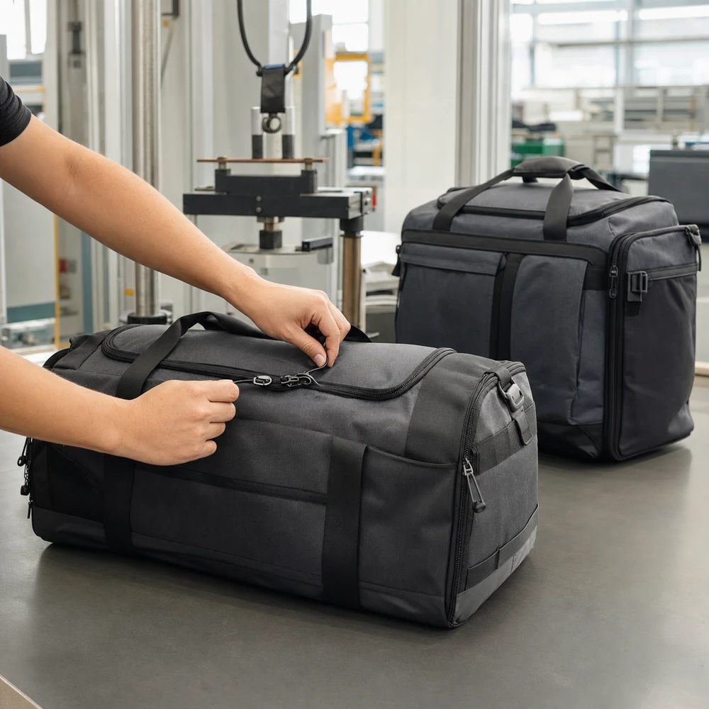 Finished sports duffles and utility bags undergoing zipper performance inspection