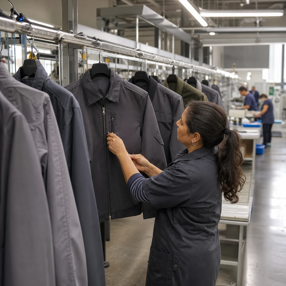 Finished industrial uniforms and work jackets undergoing zipper inspection