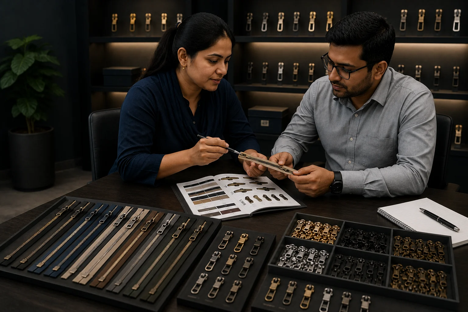 IA Fastners representative reviewing zipper samples and garment hardware with a customer
