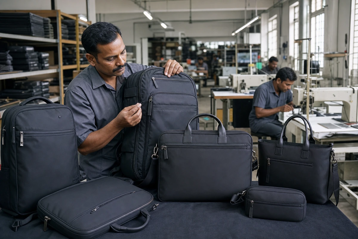 Premium backpacks and business bags undergoing zipper and seam inspection