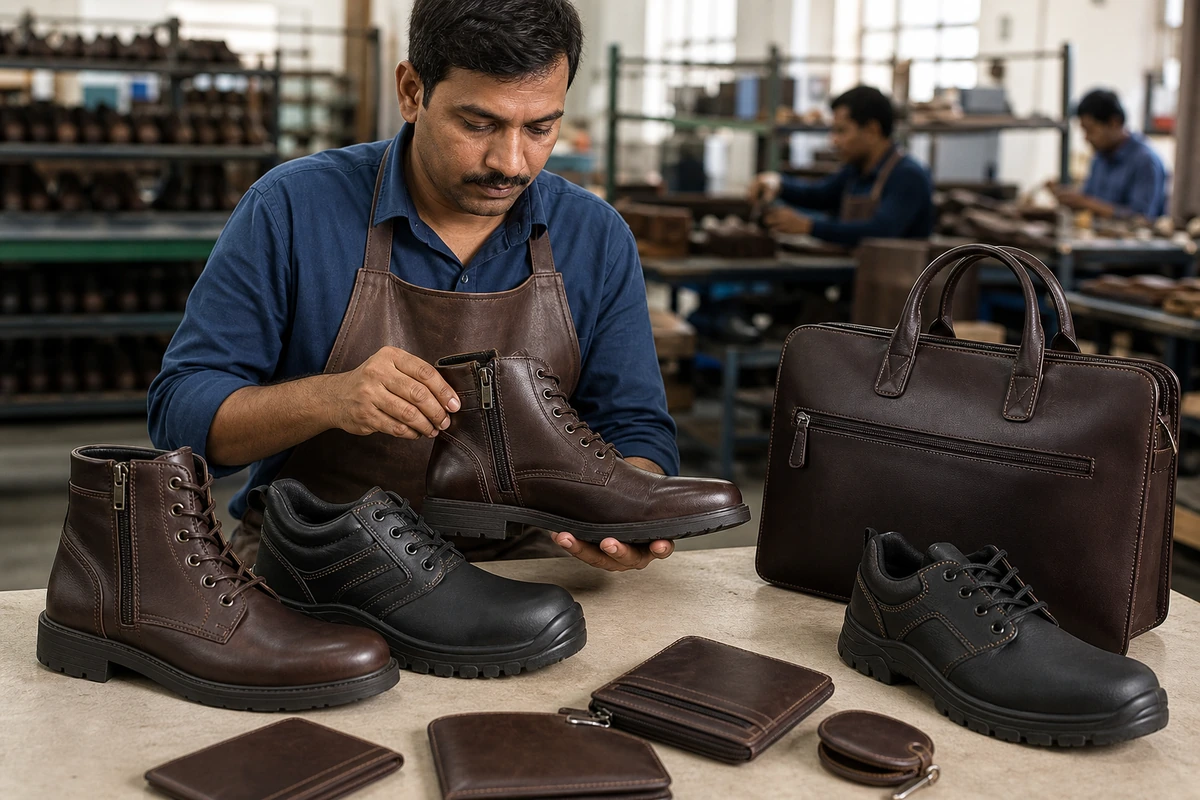 Leather boots, safety footwear and a leather business bag being inspected in a workshop