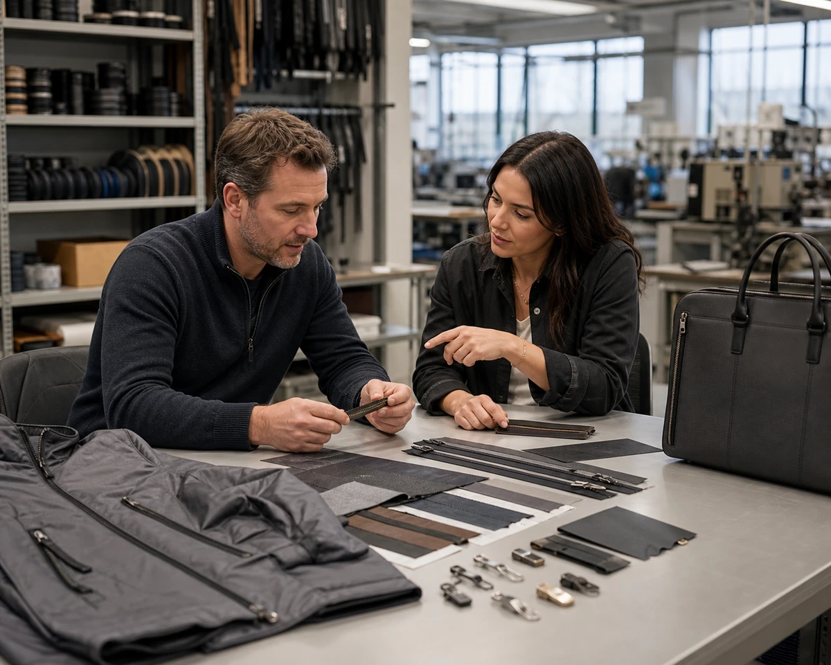 A sourcing professional and manufacturing representative reviewing zipper options, material samples and finished products together