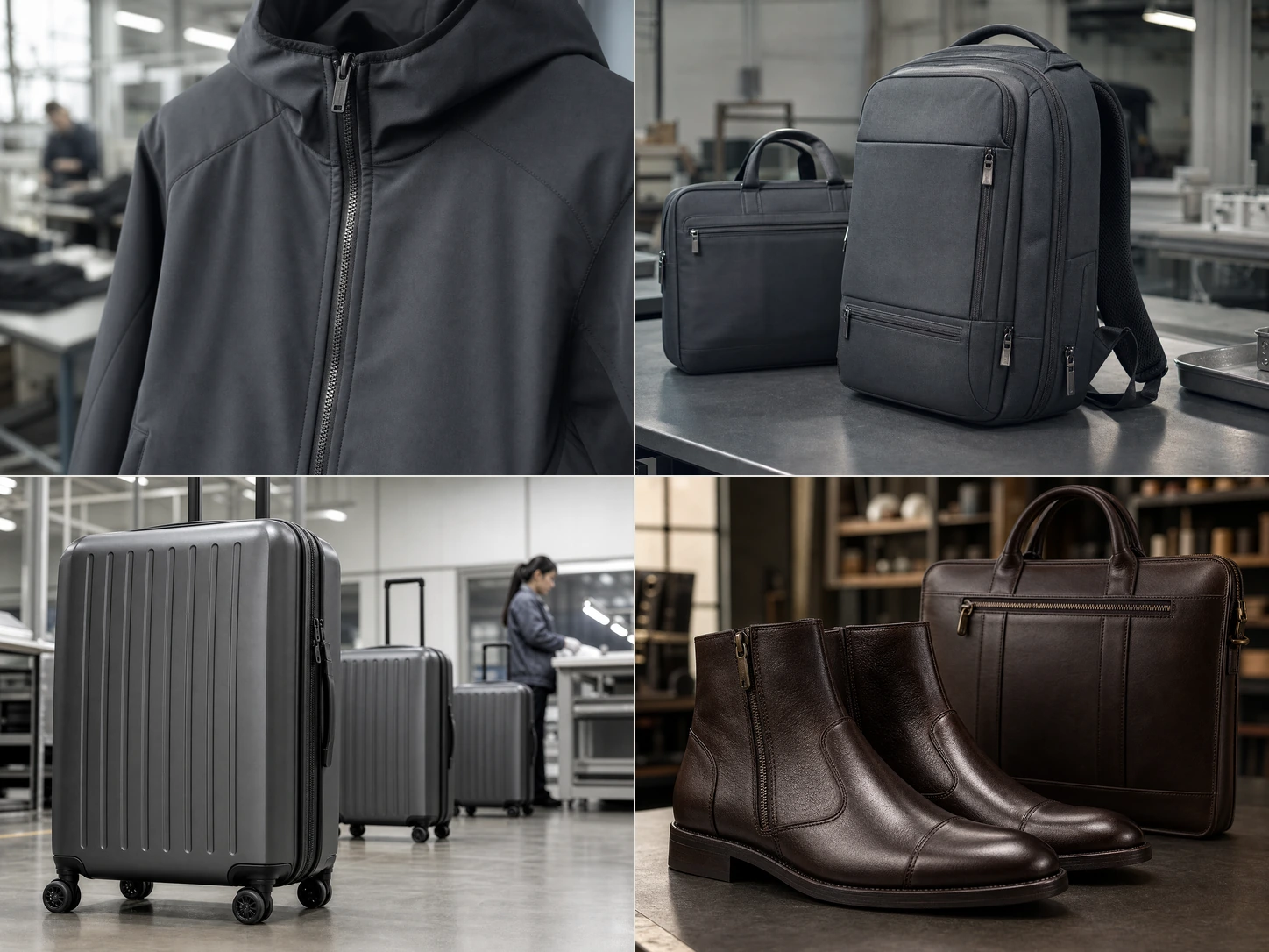 Technical outerwear, graphite backpacks, hard-shell travel luggage, and leather boots with a business bag