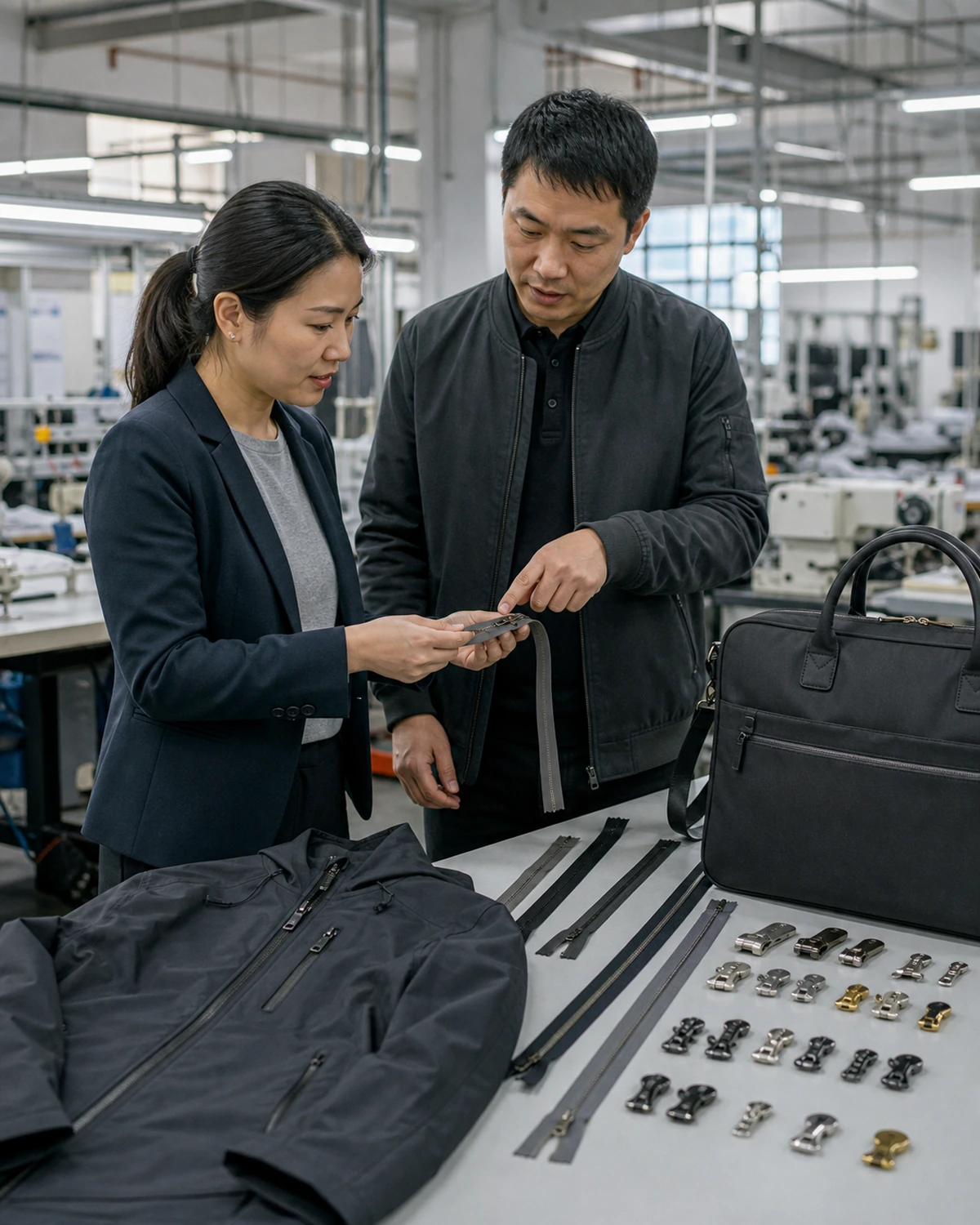 A sourcing professional and factory representative reviewing zipper samples beside finished garments and bags in a production facility